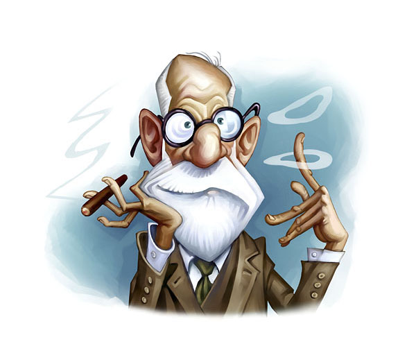 Caricatura di Sigmund Freud. Lo si vede con in mano un sigaro mentre è intento a infilare un dito nelle nuvolette di fumo