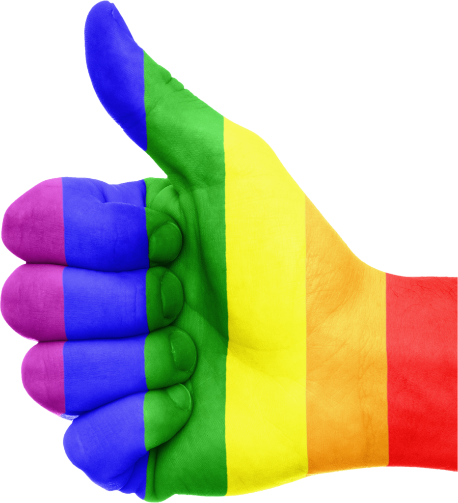 Mano con pollice in su dipinta con i colori dell'arcobaleno 