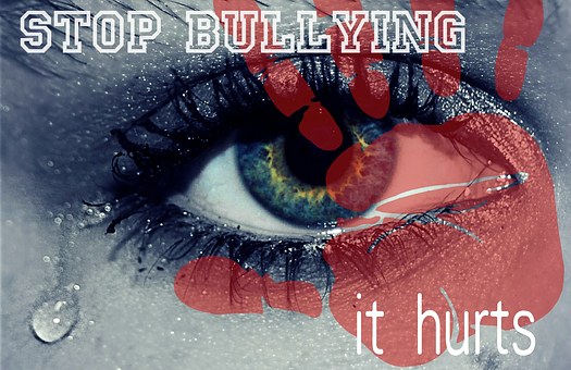 Fotografia con un occhio in lacrima con l'impronta di una mano rossa e la scritta "STOP BULLYING it hurts"