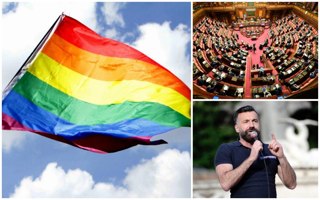 Immagine della bandiera arcobaleno, del parlamento e di Alessandro Zan